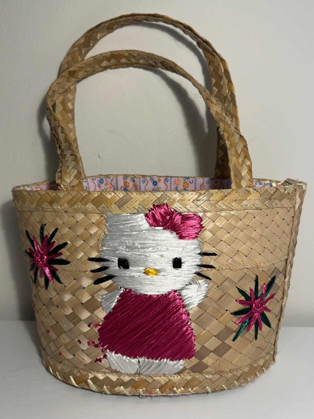 Handmade Hello Kitty Straw Woven Handbag Purse Small Tote Embroidered Beach Y2K